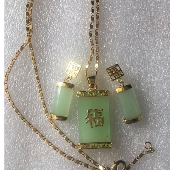 Natural Green Jade 18KGP Fortune Pendant Necklace Drop Earring set 福PENDANT - Picture 4 of 6